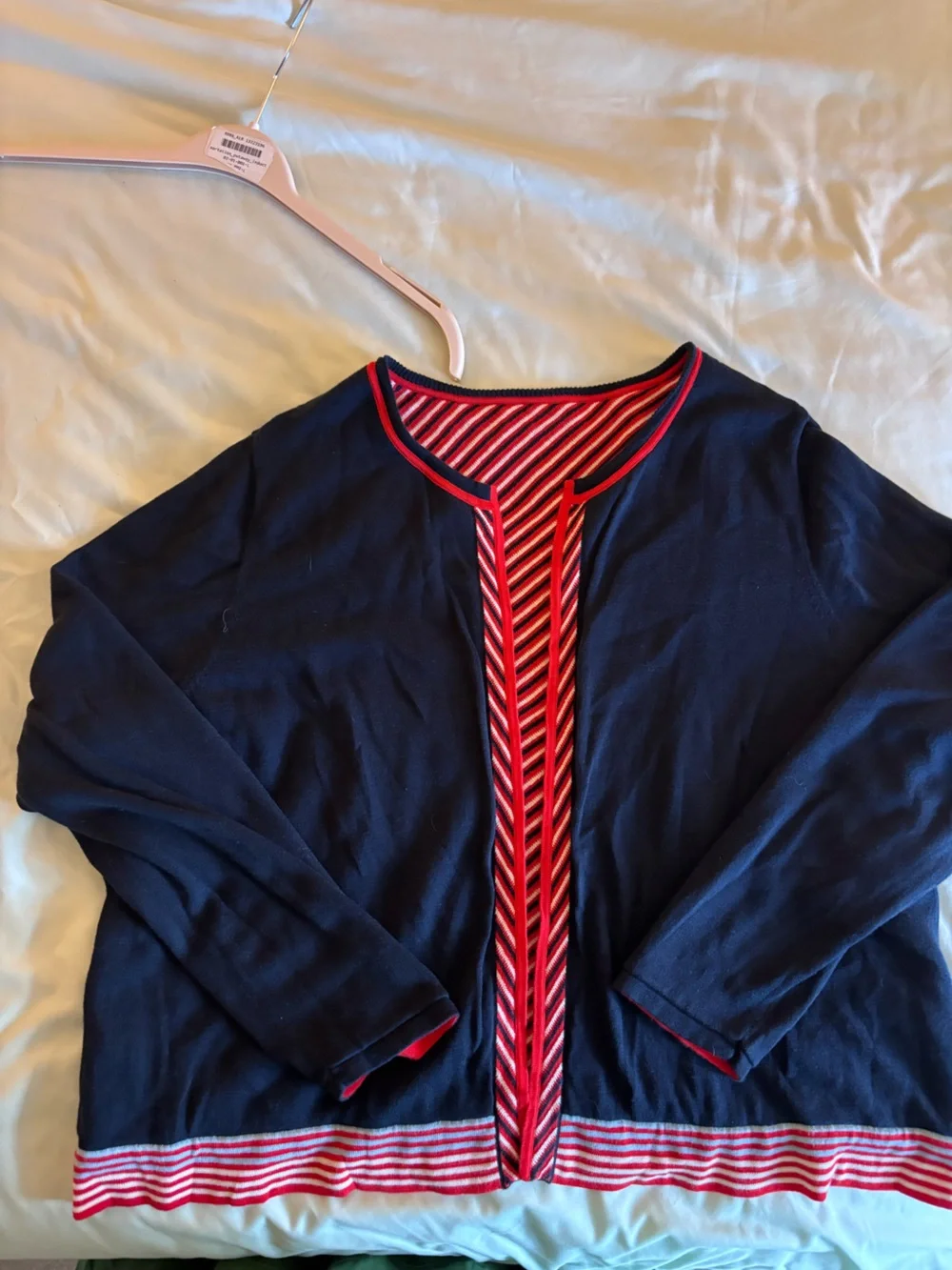 CAbi Size L/XL reversible Red, Navy & White Striped Open-Front Cardigan